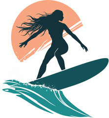 Surfer girl showcasing balance and strength while riding a massive wave, with a scenic ocean background and colorful sunset