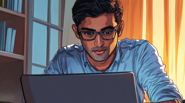 Young serious indian professional business man, focused ethnic male student wearing glasses working on laptop, remote studying using computer looking at screen watching seminar webinar at home office