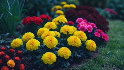 Colorful marigolds and begonias blooming in a garden landscape, perfect for outdoor garden design in spring and summer