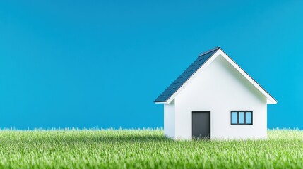 Small model house in green grass against blue sky