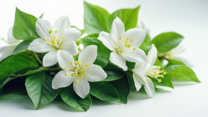 Obraz premium Green leaves and white jasmine flowers set against a white background
