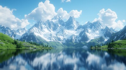 Fototapeta premium Majestic mountain range reflecting on a serene lake. Lush greenery surrounds the placid water's edge
