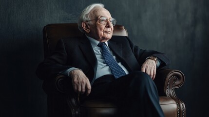 Plakat Thoughtful Senior Gentleman in Suit Warren Buffett Insightful Investor Portrait Sitting Leadership