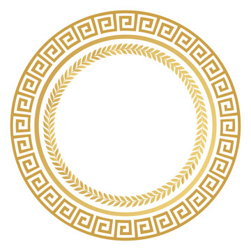 Golden Greek Key Circle Frame with Laurel Wreath Design