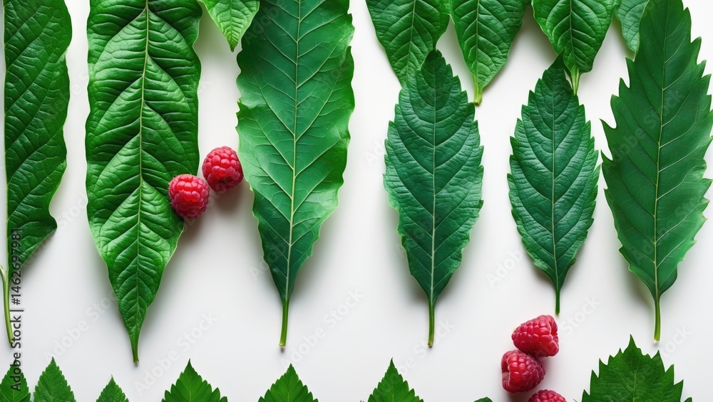 Poster Isolated raspberry bush with leaves and berries in a garden setting