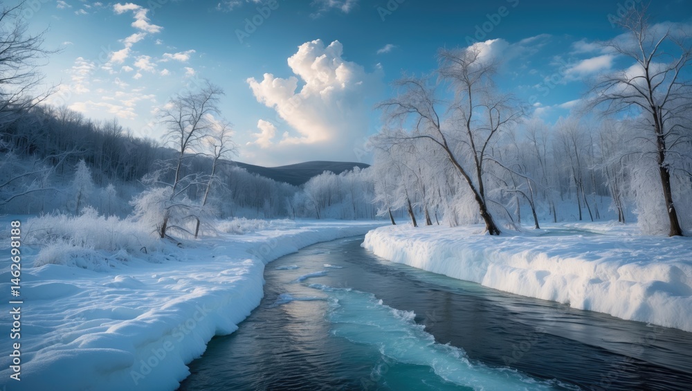 Poster snow-covered forest with a gentle stream in a winter landscape