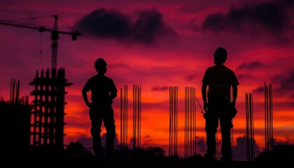 Fototapeta premium Construction workers at sunset