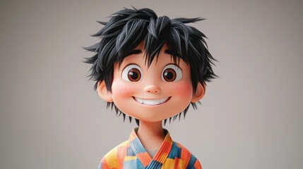 Animated boy character portrait, smiling, studio shot, soft background
