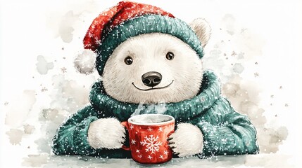 Adorable Watercolor Illustration of a Cute Polar Bear in Green Forest