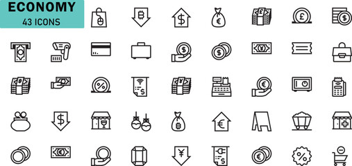 Economy and Finance Line Icons Set. Money, Bank, Payment, Currency, Shopping, Budget, Business