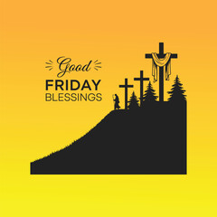 "Good Friday Blessings Silhouette with Three Crosses and Worshipper on Hill — Christian Vector Illustration"