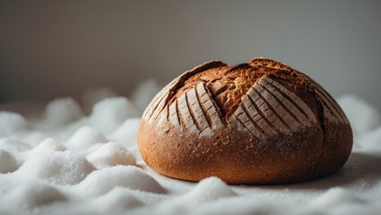 Healthy eating concept featuring fresh bread loaf and crusty homemade whole rye bread on white background