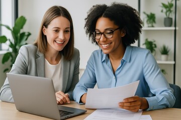Two professional women are seated at a desk in an office setting, smiling and engaged in a collaborative discussion. One woman holds a printed document, while the other gestures toward a laptop screen