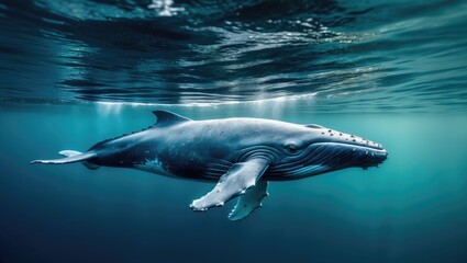 Fototapeta premium Tropical waters showcase a baby humpback whale near the surface