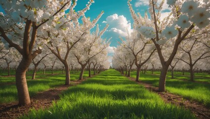 Fototapeta premium Cherry trees in springtime blossom in a tranquil orchard setting with vibrant greenery