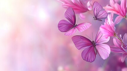 Delicate purple butterflies flitting among soft pink flowers.