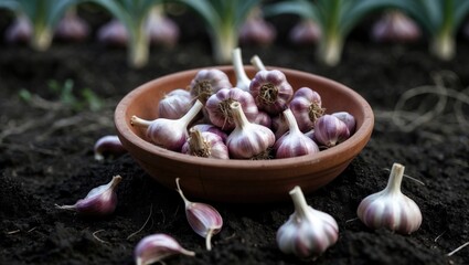 Fresh garlic cloves placed in a clay bowl in a natural garden setting