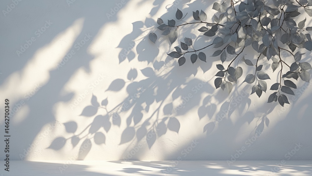 Poster hawthorn tree leaves casting a gray shadow on a white wall. blurred abstract neutral nature backgrou