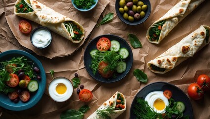 Overhead perspective of a board with Turnover Pastries filled with wild greens