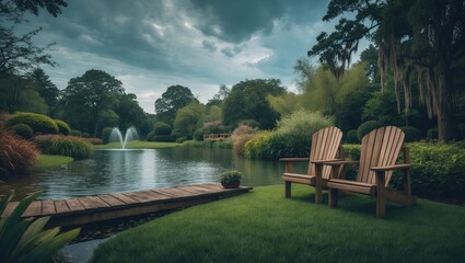 Relaxing pond scene at spa featuring dock, chairs, and greenery