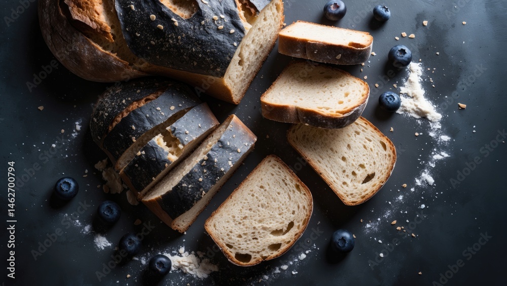 Poster Top-down view of freshly baked artisan bread slices, close-up with ample space for copy