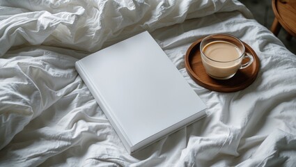 White book and coffee cup mockup placed on the bed