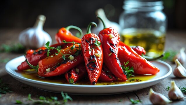 Plate with roasted red pepper and vegetables - Powered by Adobe