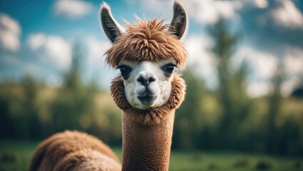 Obraz premium Cute and funny alpaca portrait in outdoor nature