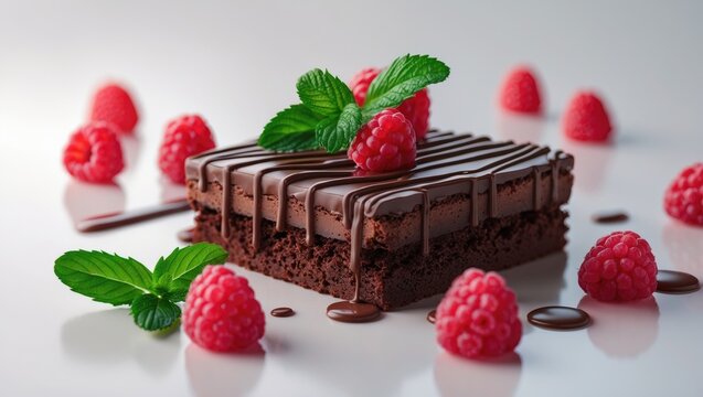 Homemade brownie piece with berries and chocolate sauce on a clean white backdrop