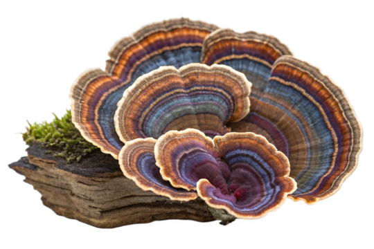 Trametes versicolor (Turkey Tail mushroom) isolated on white background, detailed medicinal fungus
