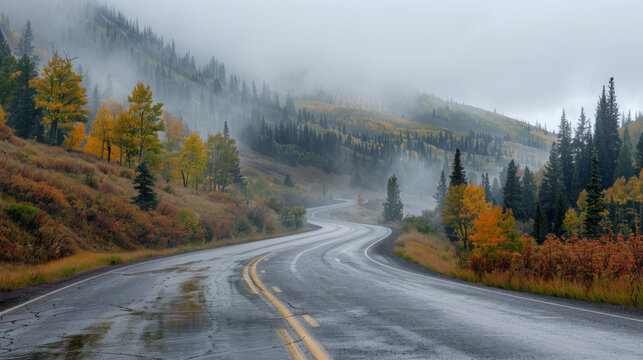 Winding road through misty autumn mountains scenic drive