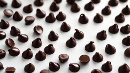 Obraz premium White background with scattered chocolate morsels seen from above in close-up