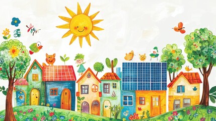 Naklejka premium Whimsical village filled with colorful houses, lively trees, and cheerful animated characters celebrating a bright sunny day in a joyous atmosphere