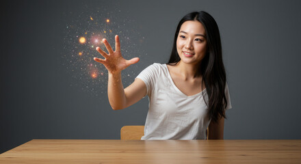 Asian female young adult with magic particles in hand