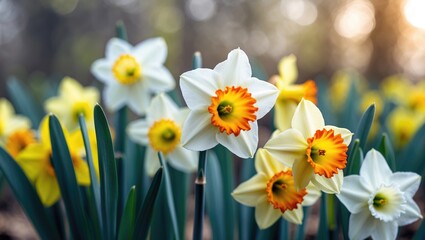 Fototapeta premium Yellow and white daffodils blooming beautifully
