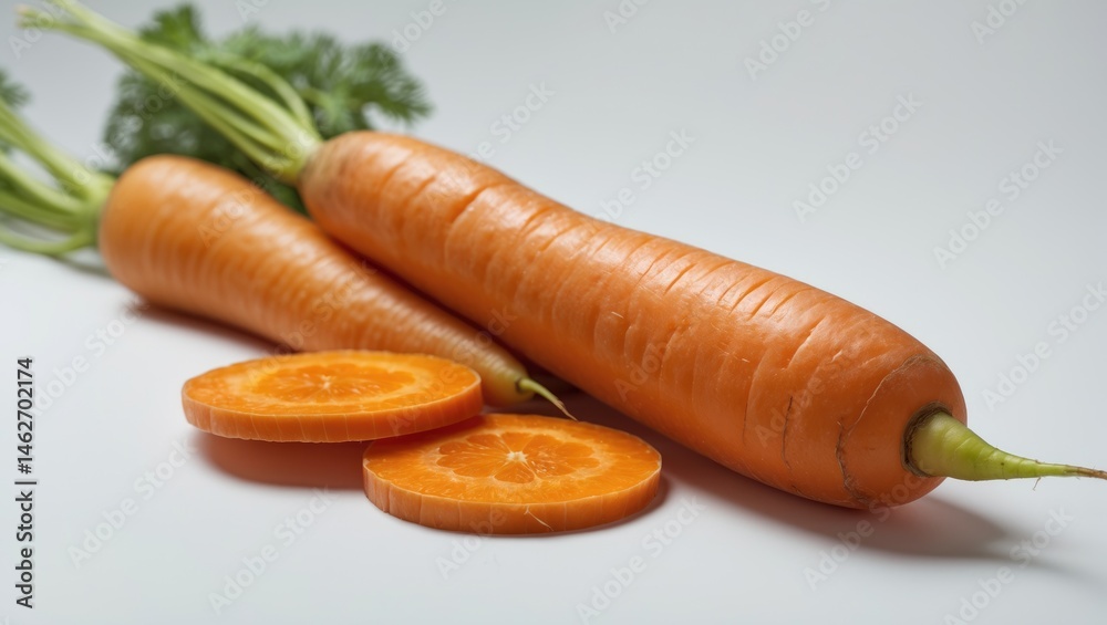 Poster isolated white background featuring two fresh orange carrots with slices.