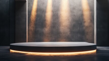 Blank round concrete stage for presentation illuminated by light from top in futuristic style hall. 3D rendering, mockup illustration , no logos, no brands