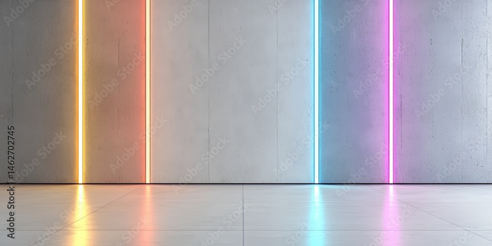 Poster wall with neon lights in a row. the lights are in different colors, creating a vibrant and energetic