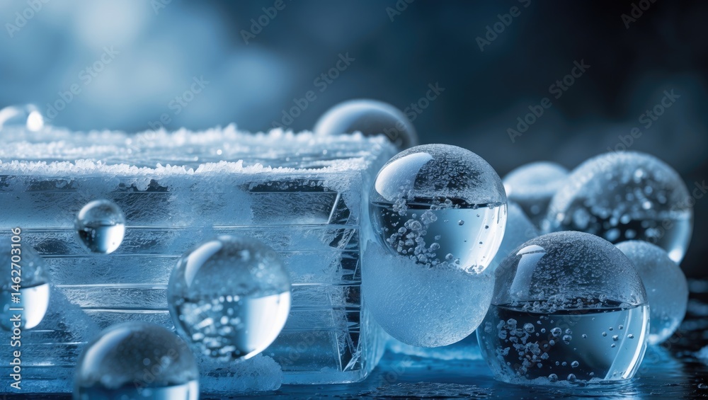 Poster frozen ice cube with textured surface and air bubbles against a blue background