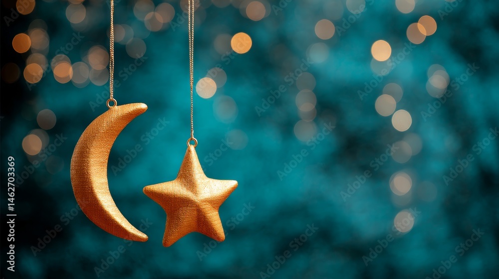 Fototapete softly illuminated crescent moon and star ornaments hang against a deep indigo background, surrounde