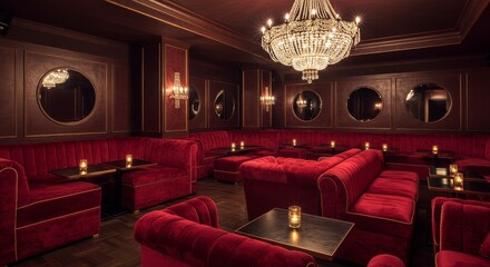 Luxurious Red Velvet Lounge Interior - Elegant red velvet seating arrangement in a dimly lit lounge with crystal chandeliers and circular mirrors. Perfect for upscale bar, club, or hotel ambiance