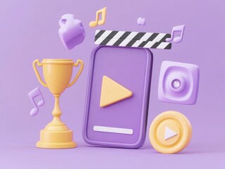 "A playful scene of modern technology, trophy, and other playful elements set against purple backdrop