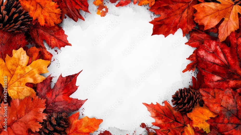 Poster white background with a red leaf border and a red leaf in the center. the leaves are falling and the