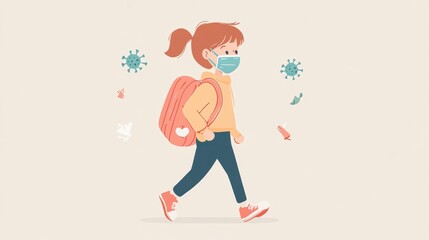 Child with face mask going back to school after covid-19 quarantine and lockdown. illustration , no logos, no brands