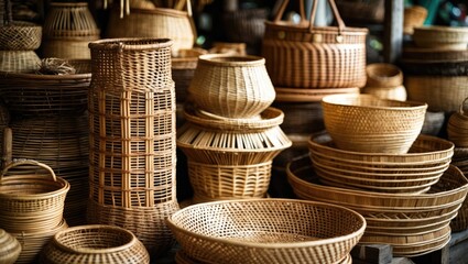 Market scene showcasing woven rattan, bamboo, and straw crafts.