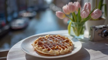 Wandcirkels Brugge Delightful Belgian Waffles with Tulips and Vintage Camera Flatlay  © FrameYesil