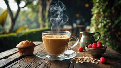 Trendy healthy drink featuring Masala chai, tea, or cacao in glass with jug and muffin on wooden table in a cafe with nature backdrop, close-up view