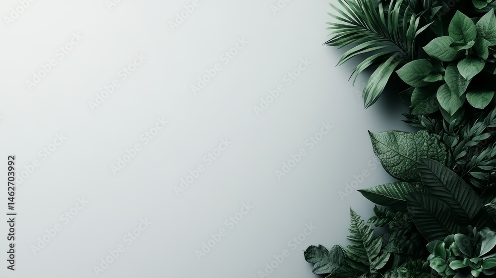 Poster White background with green leaves surrounding it. The leaves are large and green, and they are arranged in a way that creates a sense of depth and dimension. The image conveys a feeling of growth