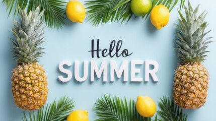 Summer Flat Lay, Tropical Fruits and Ananas, Text Hello Summer copy space on light blue background
