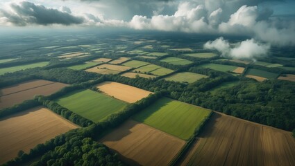 Bird's eye view of a natural landscape showcasing forests, fields, and cloud-dappled shadows